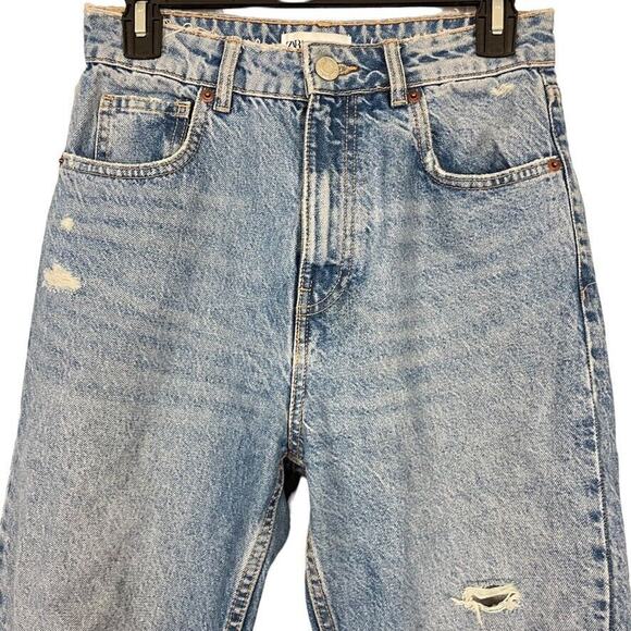 Zara Womens High Rise Distressed Medium Wash Blue Jeans Relaxed Mom Fit sz 4 - Picture 7 of 16